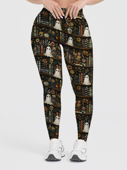 Vintage Tiered Bookshelf Fall Flower Ghost Leggings