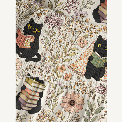 Books Blooms and Black Cats Print Cotton Wide Straps Maxi Dress With Pockets