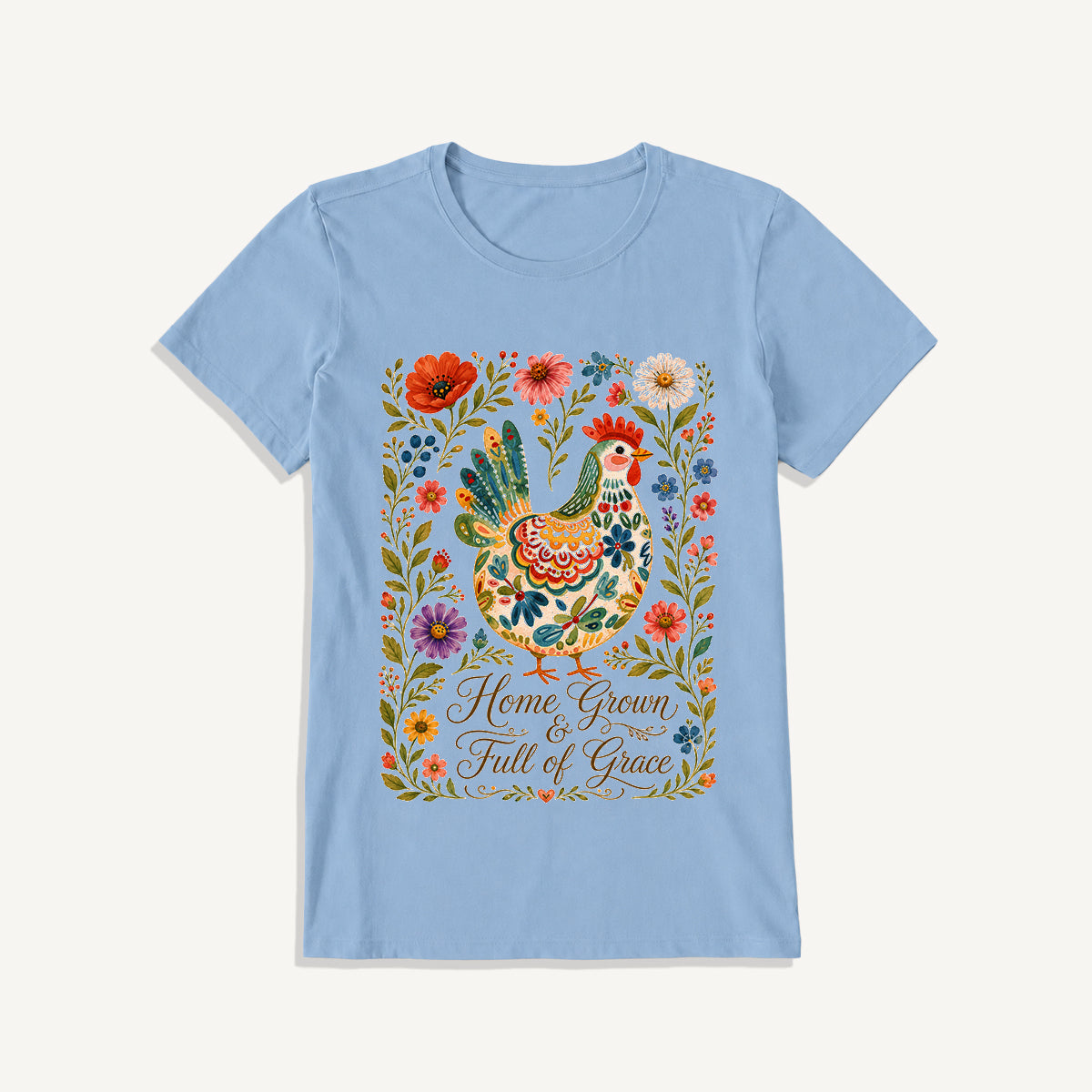 Folk Floral Homegrown Hen Print Crew Neck Cotton Tee