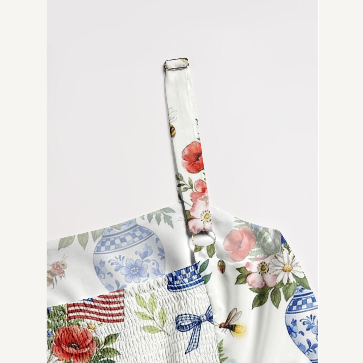 Patriotic Floral Vases Print Wide Straps Maxi Dress With Pockets