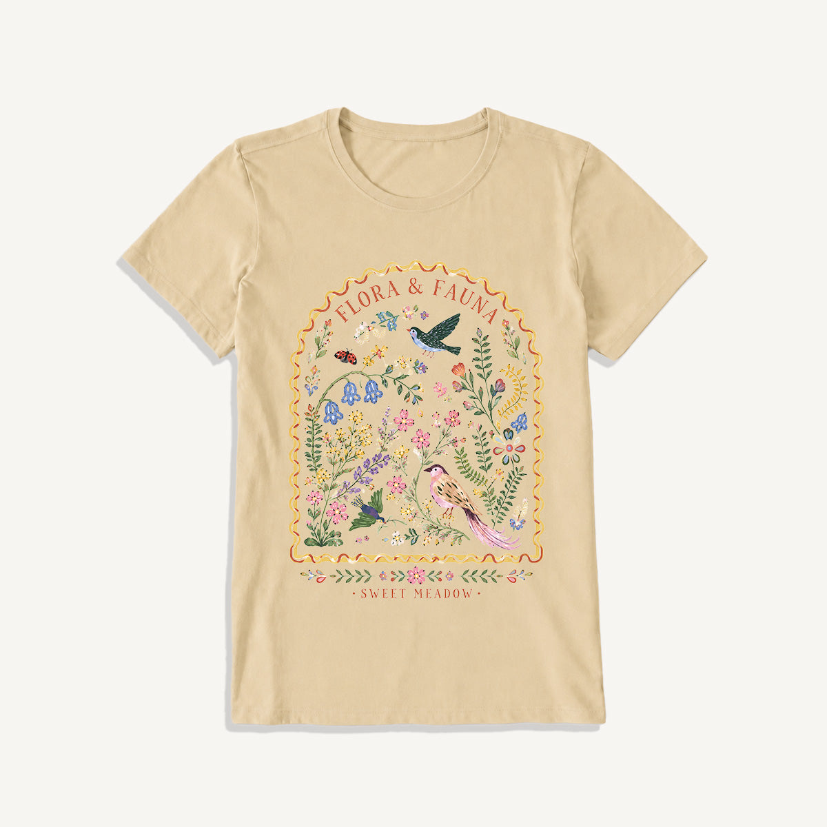 Folk Birds Sweet Meadow Print Crew Neck Cotton Tee