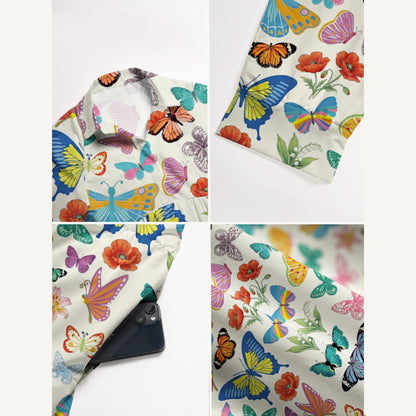 V Neck Collared Rainbow Butterfly Garden Print Casual Midi Dress With Pockets