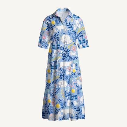 Blue Leaf Cat Midi Dress For Women With Pockets