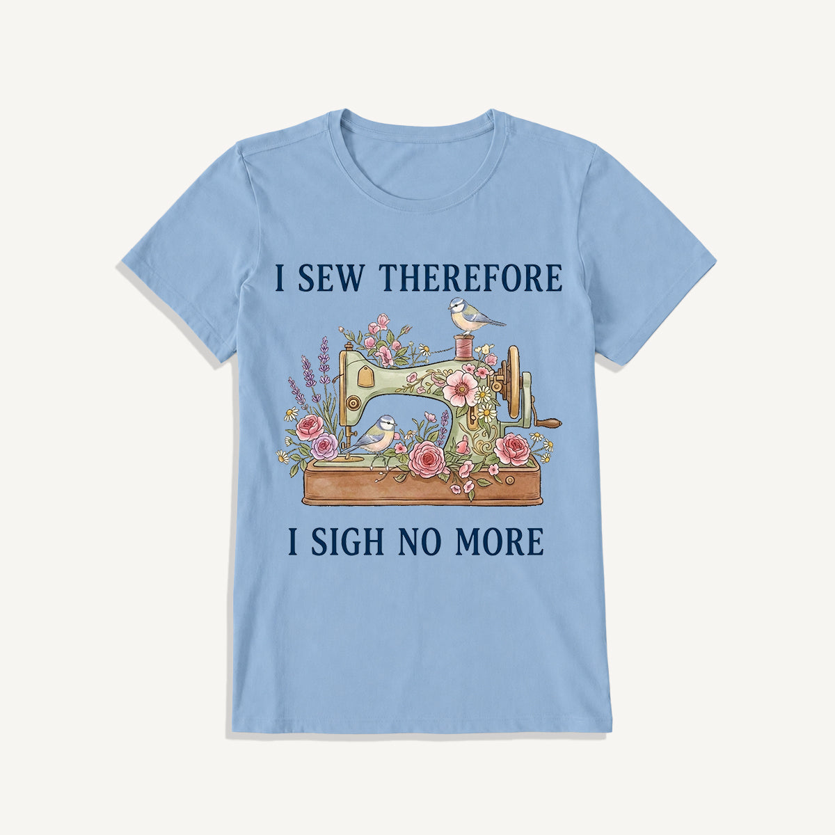 Floral Bird Sewing Serenity Print Crew Neck Cotton Tee