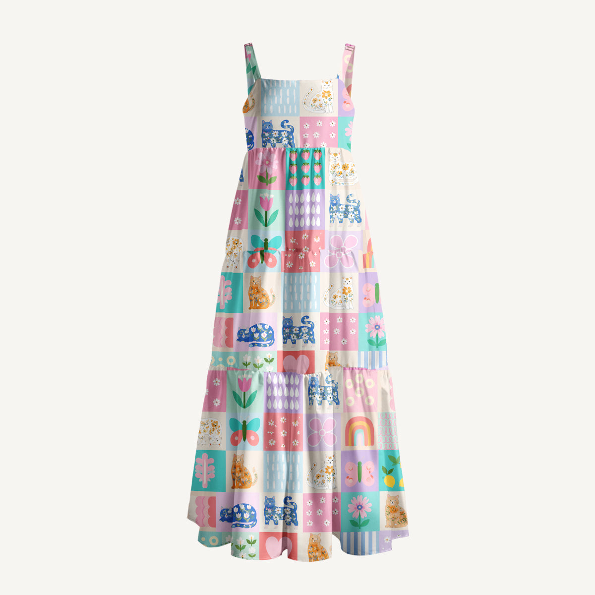 Pastel Patchwork Kitty Print Wide Straps Maxi Dress With Pockets