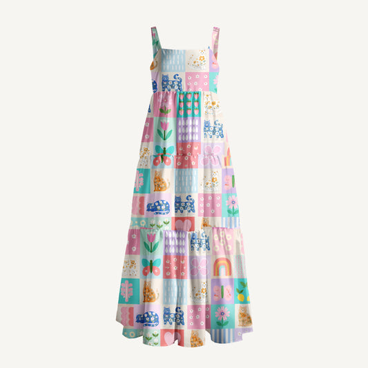 Pastel Patchwork Kitty Print Wide Straps Maxi Dress With Pockets