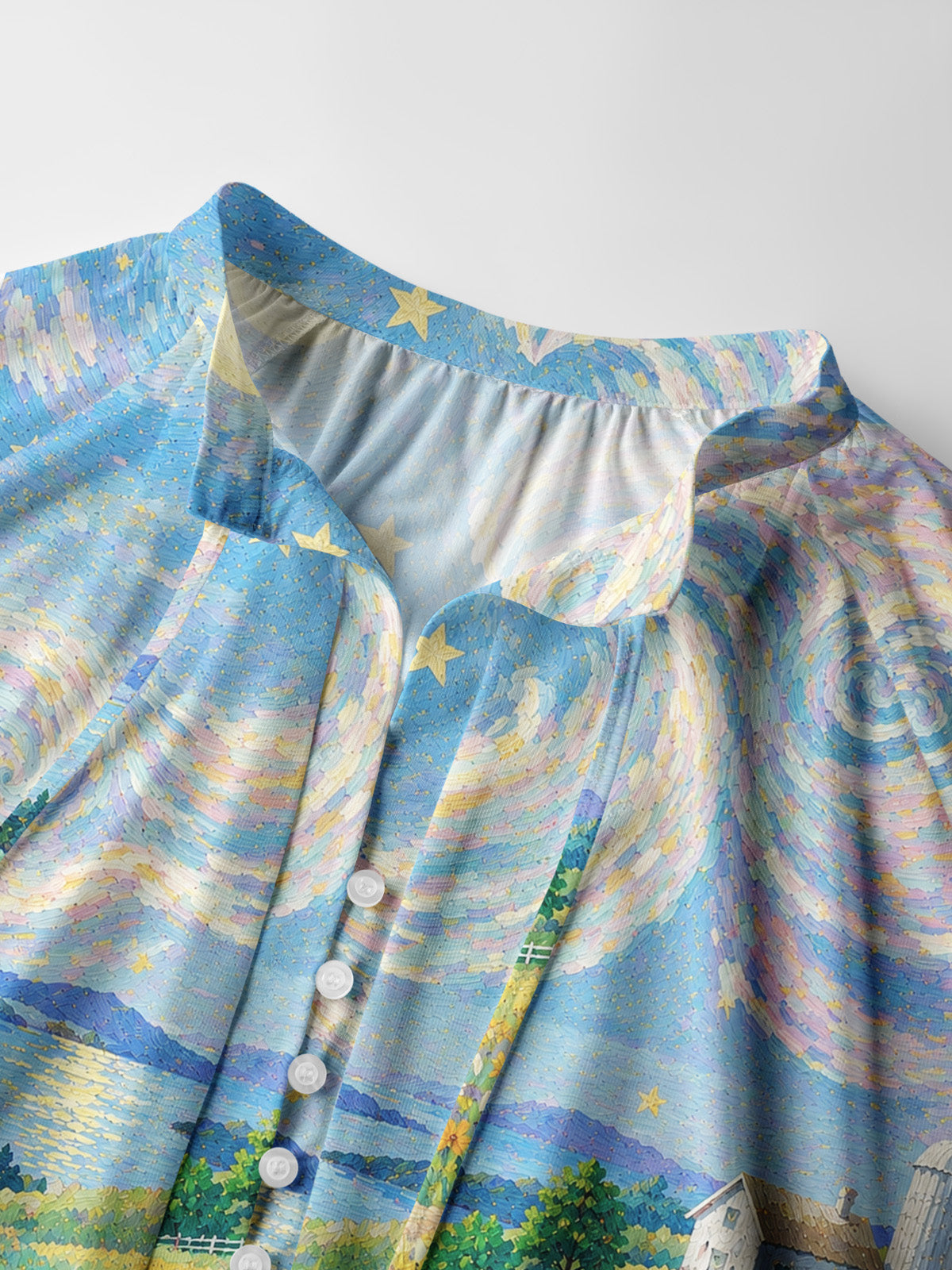 Starry Village Cat Print Boho Long Sleeve Tie‑Neck Blouse