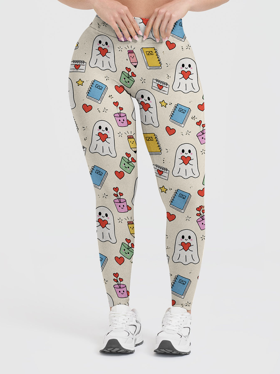 Vintage Cream Cute Heart Ghost School Supply Leggings