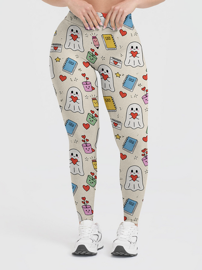 Vintage Cream Cute Heart Ghost School Supply Leggings