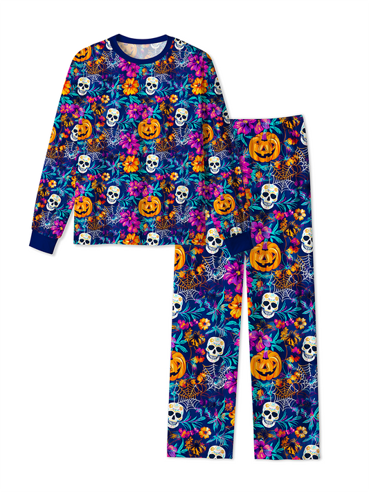 Vintage Neon Line Art Halloween Pumpkin Witch Ghost Black Pajamas