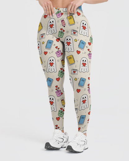 Vintage Cream Cute Heart Ghost School Supply Leggings