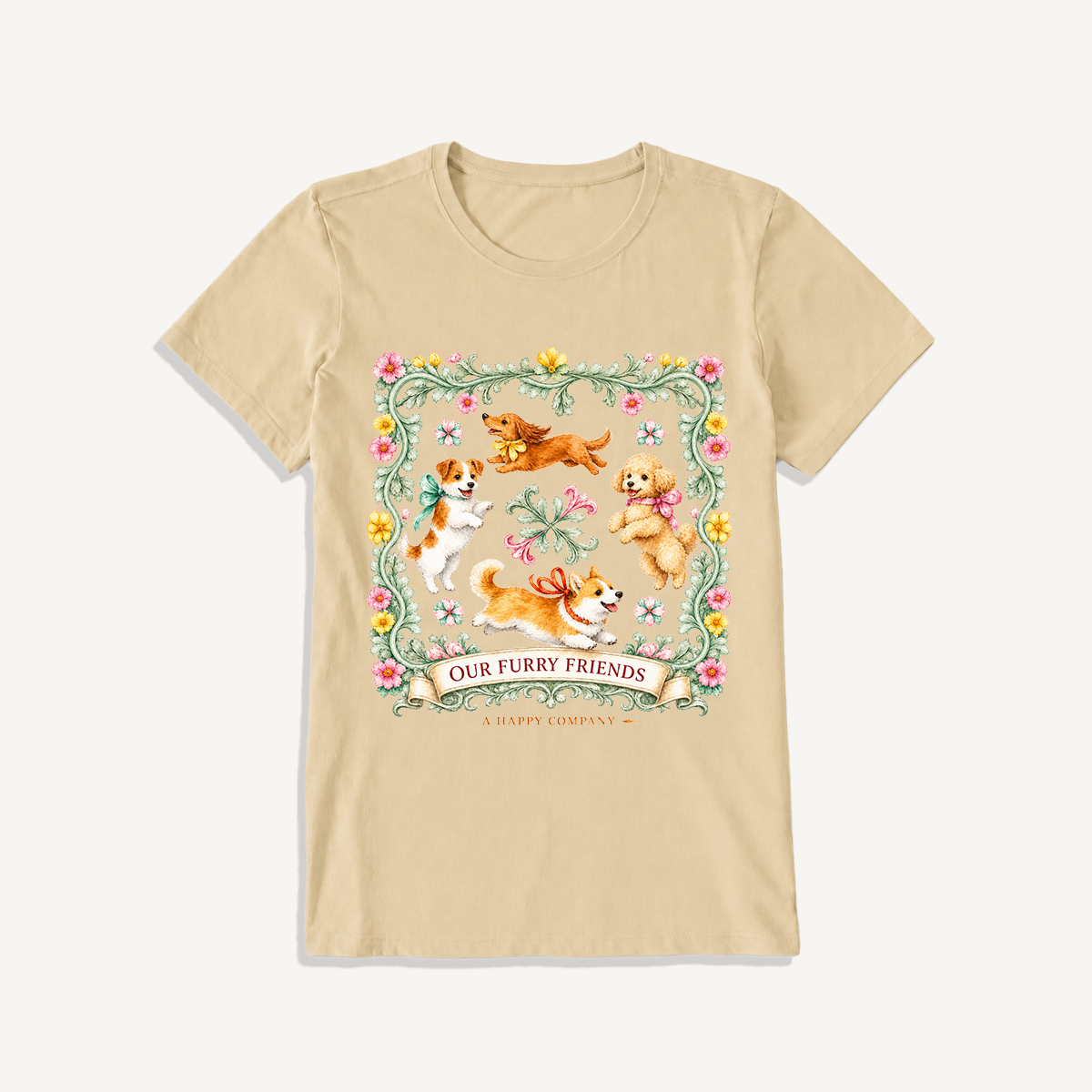 Playful Furry Friends Print Crew Neck Cotton Tee