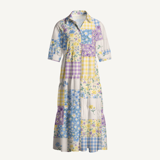 Floral Meadow Patchwork Midi Dress For Women With Pockets