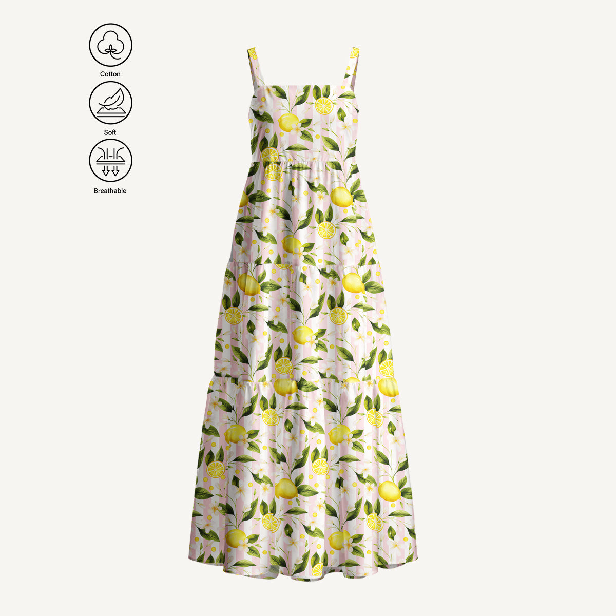 Lemon Grove Sunshine Print Cotton Wide Straps Maxi Dress With Pockets