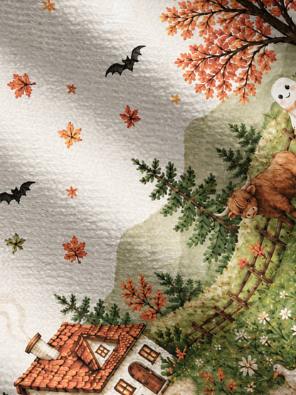Lightweight Crew Neck Long‑Sleeve Cropped Autumn Pumpkin Pasture Print Fine‑Knit Cardigan
