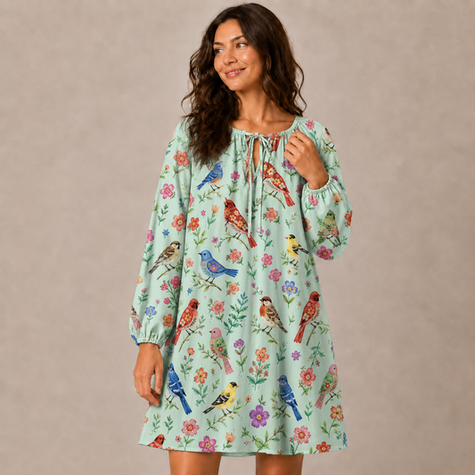 Colorful Songbird Garden Print Boho Tie‑Neck Smock Mini Dress