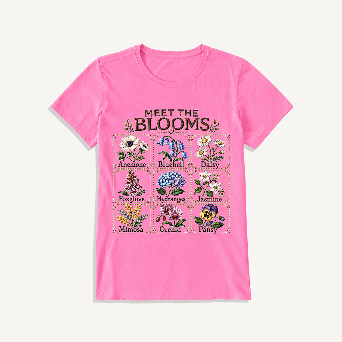 Meet the Blooms Embroidery Chart Print Crew Neck Cotton Tee