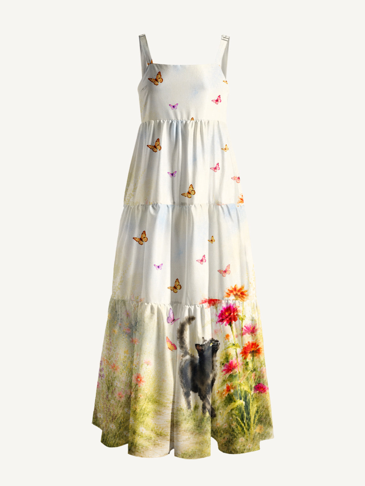 Black Cat in Blooming Garden Watercolor Print Wide Straps Maxi Dress With Pockets