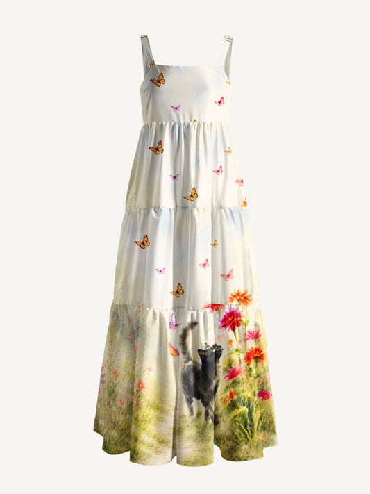 Black Cat in Blooming Garden Watercolor Print Wide Straps Maxi Dress With Pockets