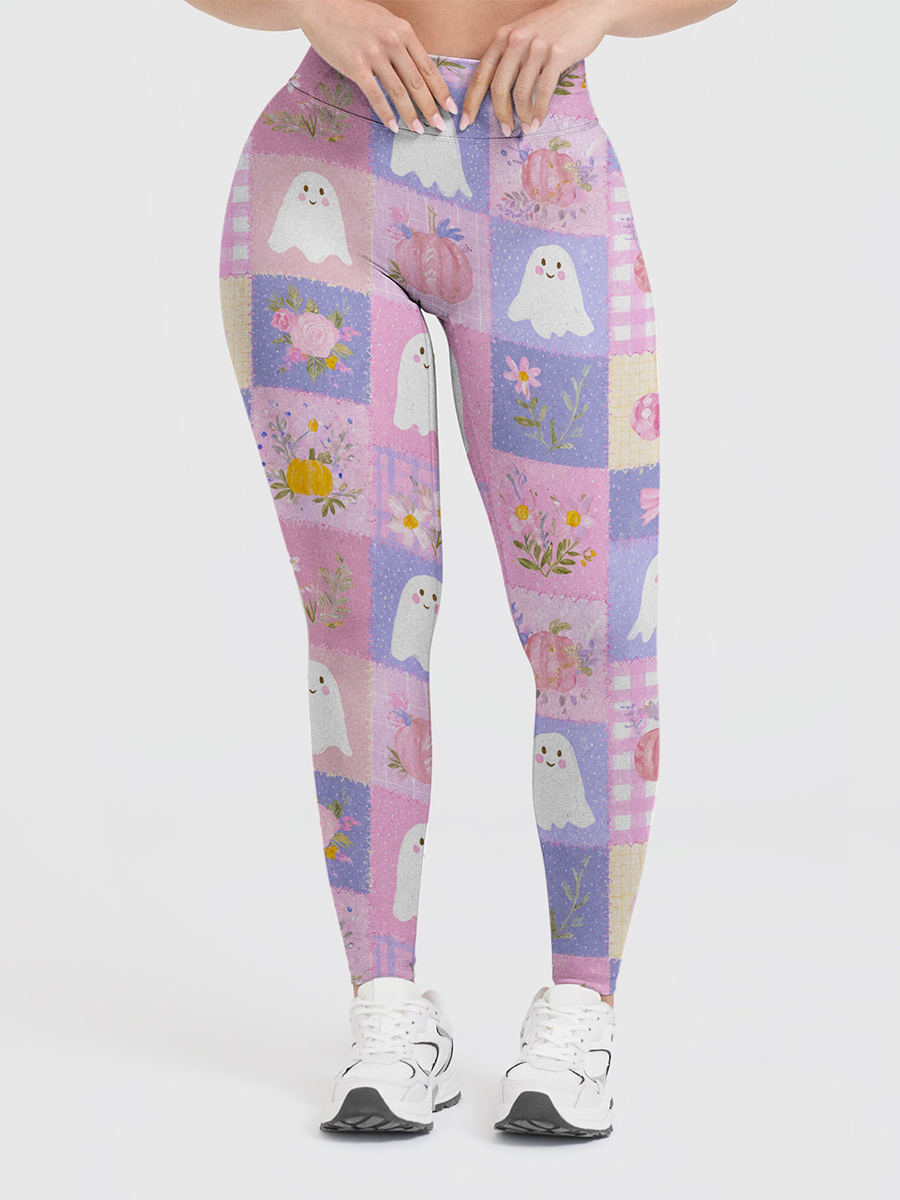 Vintage Patchwork Ghost Pumpkin Halloween Leggings