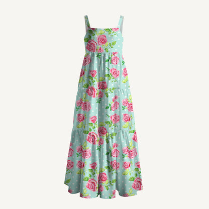 Rose Mint Polka Dot Printed Wide Straps Maxi Dress With Pockets