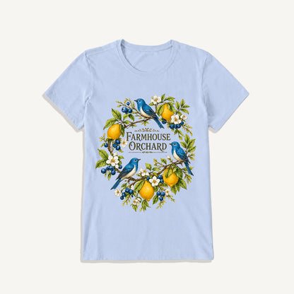 Farmhouse Orchard Bluebirds Print Crew Neck Cotton Tee