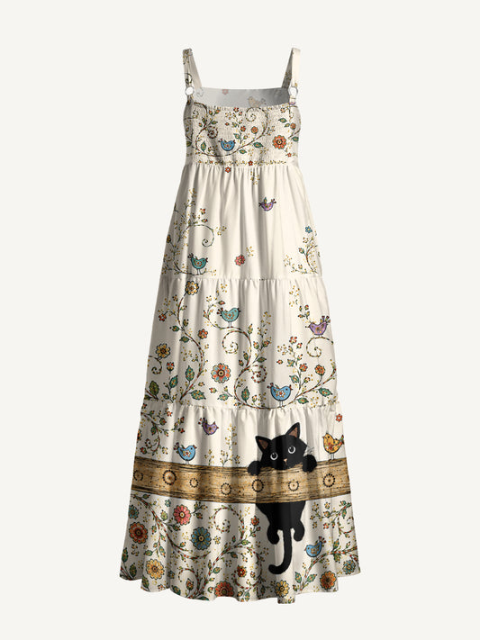 Whimsical Cat Garden Print Wide Straps Maxi Dress With Pockets