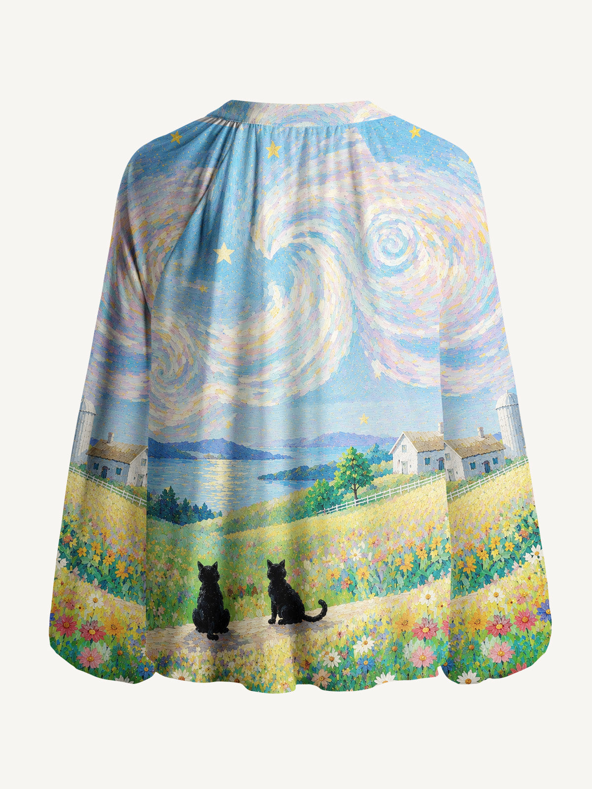 Starry Village Cat Print Boho Long Sleeve Tie‑Neck Blouse