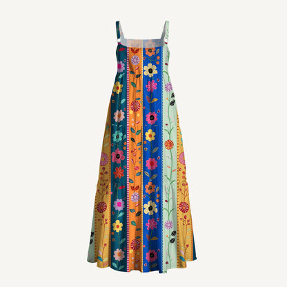 Rainbow Garden Colorblock Printed Wide Straps Maxi Dress With Pockets