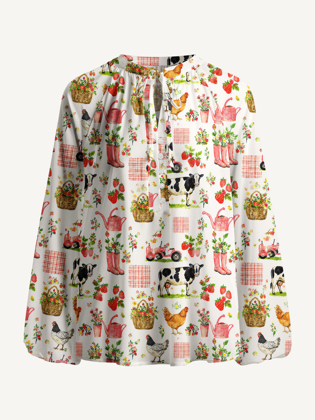 Watercolor Pink Farm Chicken Cow Print Boho Long Sleeve Tie‑Neck Blouse