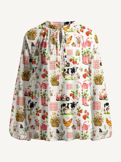 Watercolor Pink Farm Chicken Cow Print Boho Long Sleeve Tie‑Neck Blouse