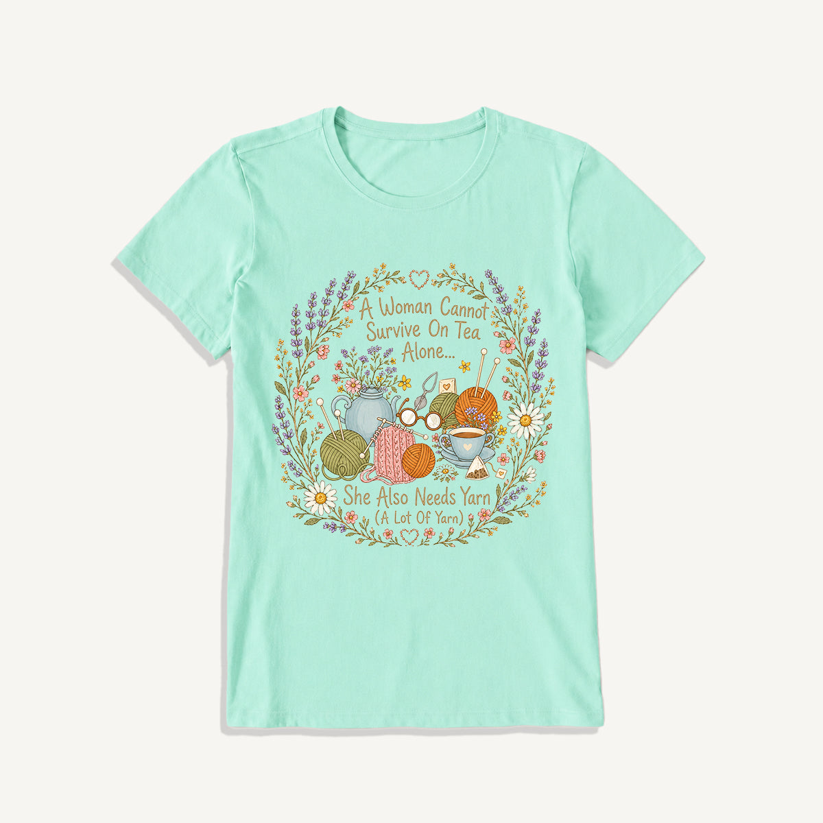 Vintage Floral Knitting Circle Print Crew Neck Cotton Tee