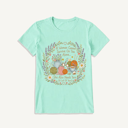 Vintage Floral Knitting Circle Print Crew Neck Cotton Tee