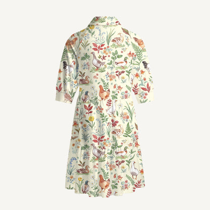 V Neck Collared Countryside Garden Critter Mini Dress For Women With Pockets