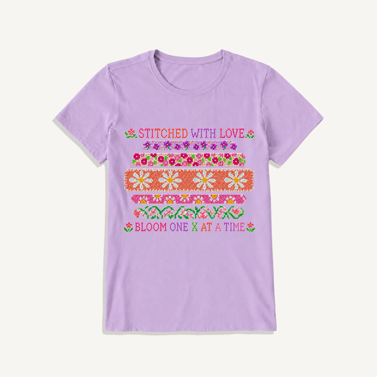 Floral Cross-Stitch Sampler Print Crew Neck Cotton Tee
