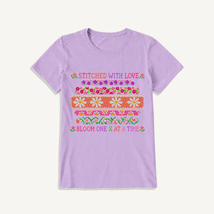 Floral Cross-Stitch Sampler Print Crew Neck Cotton Tee