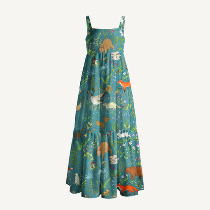 Forest Animal Print Wide Straps Maxi Dress With Pockets