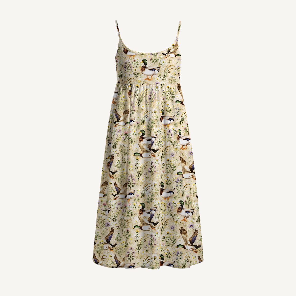 Watercolor Mallard Ducks Print Spaghetti Strap Mini Dress