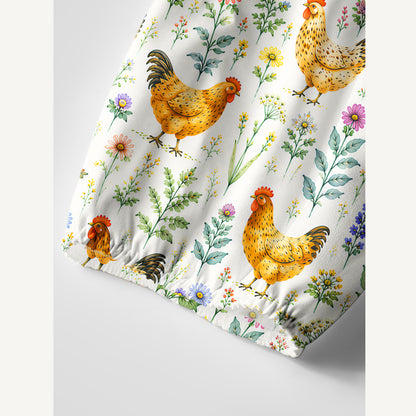Watercolor Chickens Leaves Print Boho Long Sleeve Tie‑Neck Smock Mini Dress