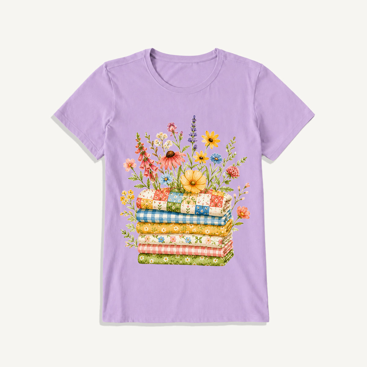 Cozy Floral Quilt Stack Print Crew Neck Cotton Tee