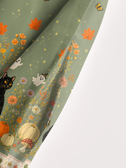 Twilight Pumpkin Garden Black Cat Print Wide Straps Maxi Dress With Pockets
