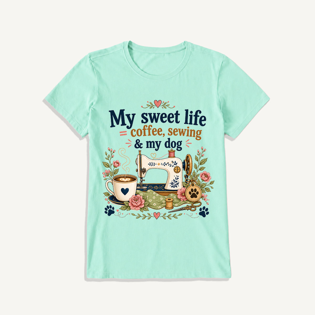 Coffee Sewing and My Dog Print Crew Neck Cotton Tee
