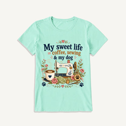 Coffee Sewing and My Dog Print Crew Neck Cotton Tee