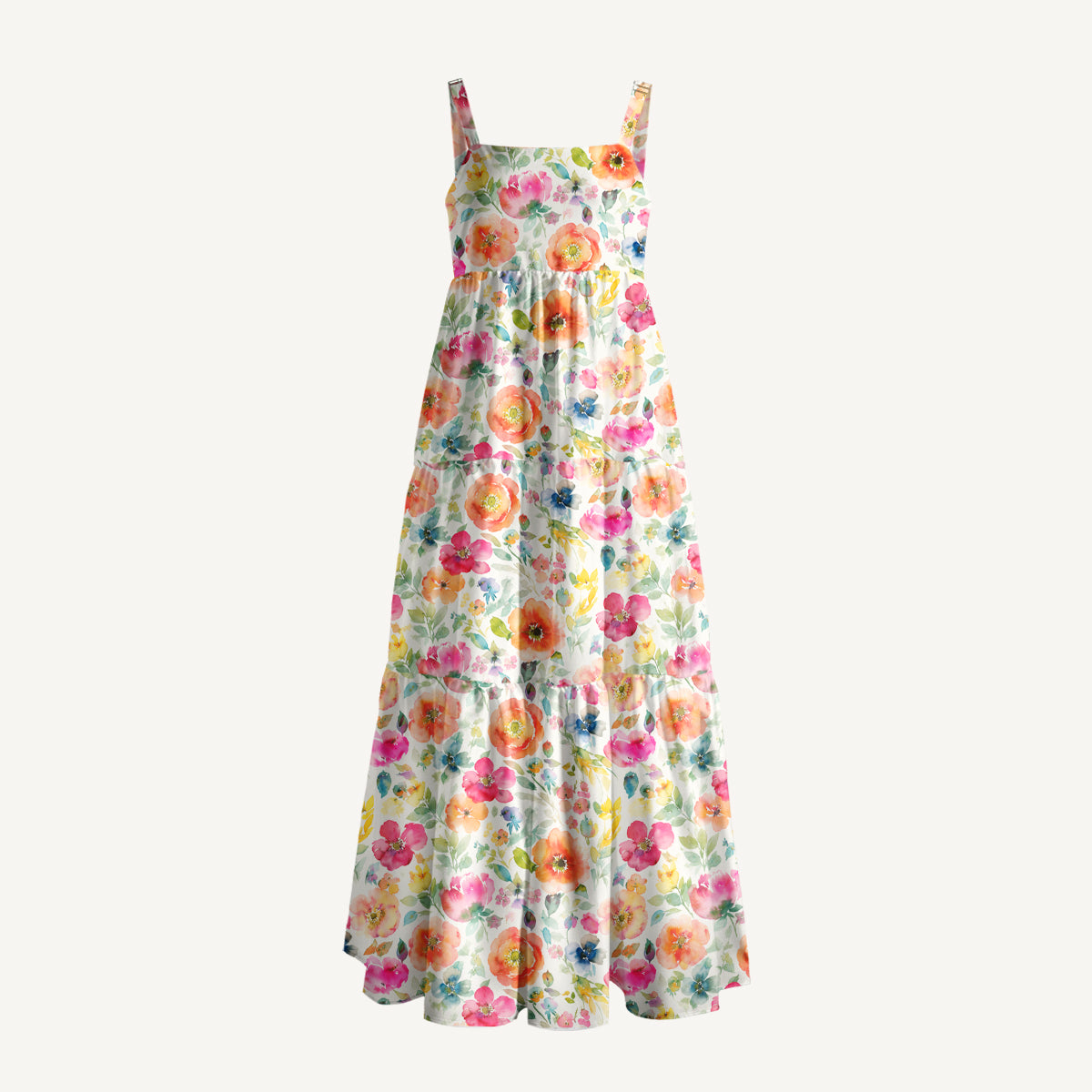 Romantic Floral Meadow Pattern Print Wide Straps Maxi Dress With Pockets