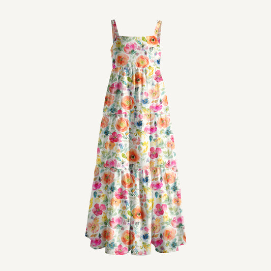 Romantic Floral Meadow Pattern Print Wide Straps Maxi Dress With Pockets