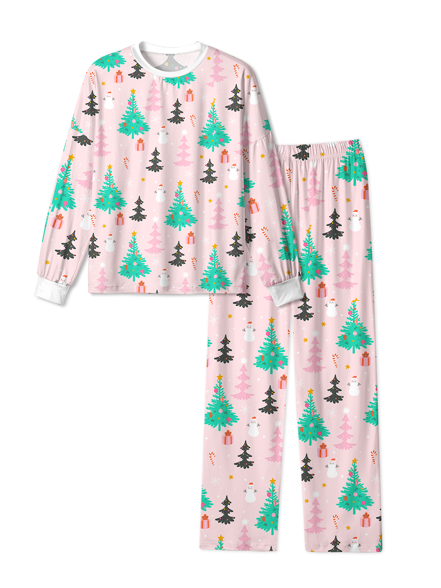 Vintage Pink Tree Snowman Gift Candy Cane Christmas Pajamas