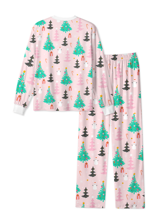 Vintage Pink Tree Snowman Gift Candy Cane Christmas Pajamas