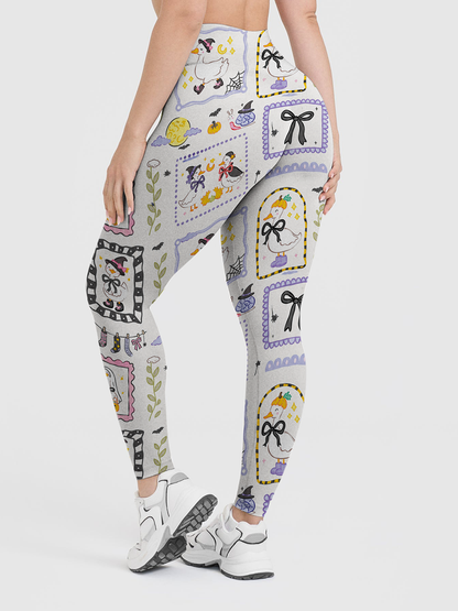 Vintage Sticker Frame Duck Halloween Patchwork Leggings