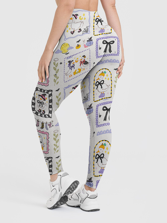 Vintage Sticker Frame Duck Halloween Patchwork Leggings
