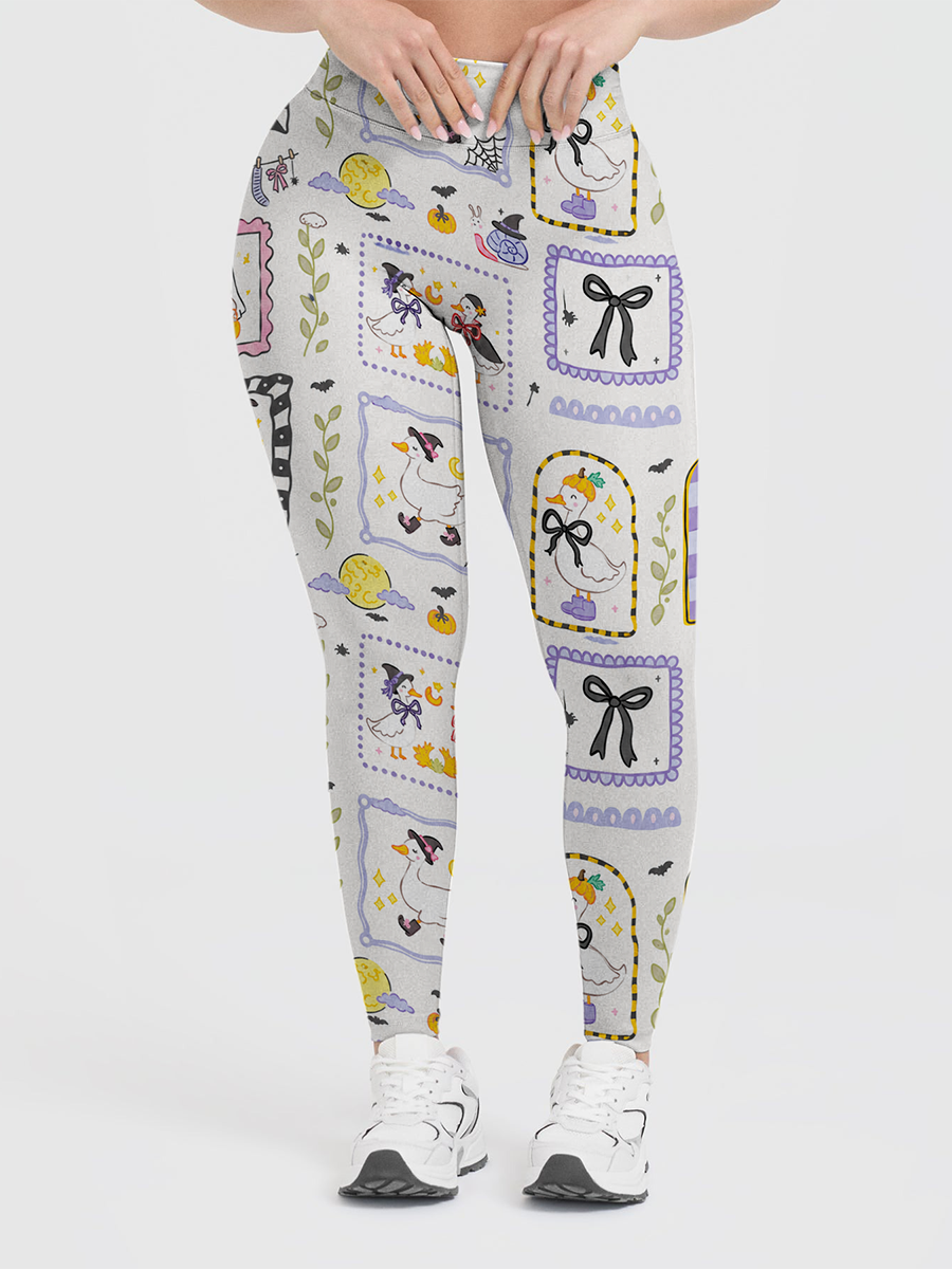 Vintage Sticker Frame Duck Halloween Patchwork Leggings